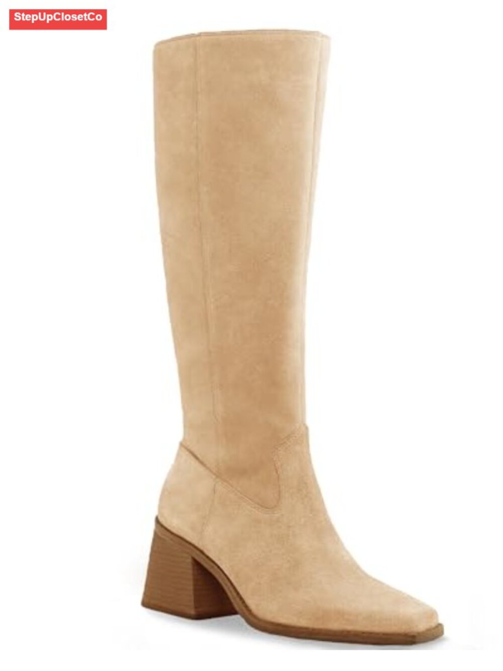 Wide Calf Knee High Boots Square Toe Chunky Heeled Pull On Faux Suede